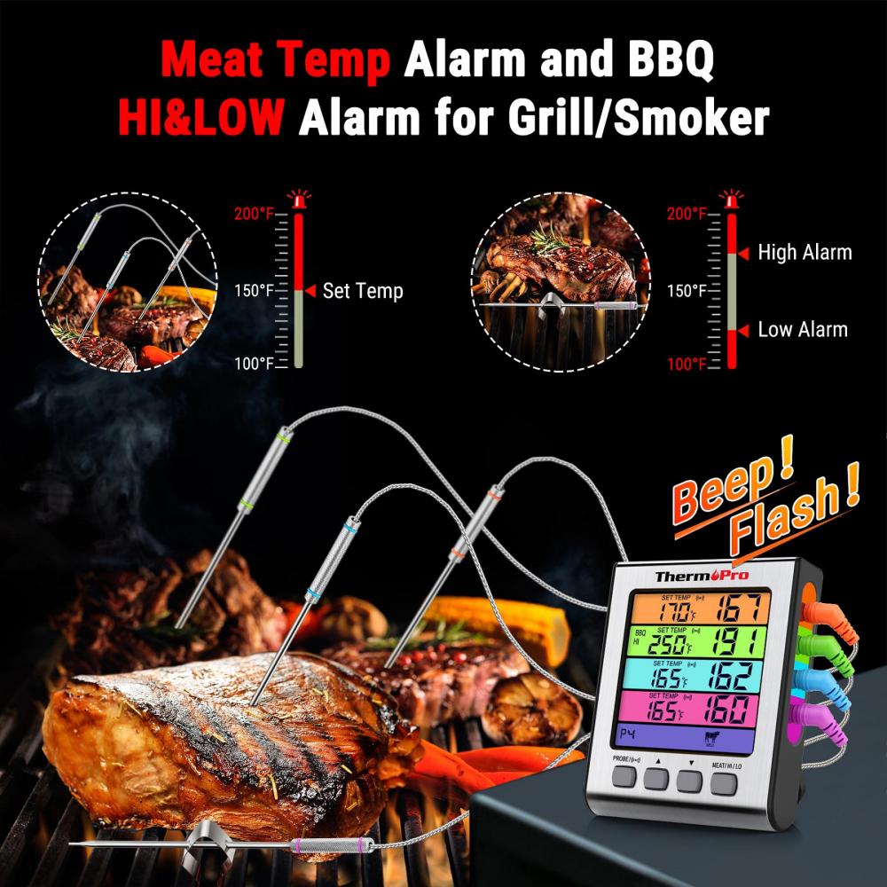 4 Probe Digital Meat Thermometer with Timer and HIGH/LOW Alarms Grill  Smoker Thermometer